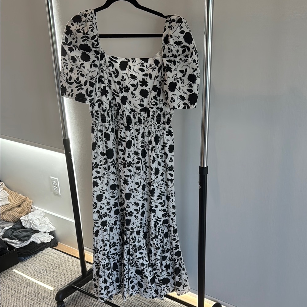 Aqua Black and White Puff Sleeve Sundress